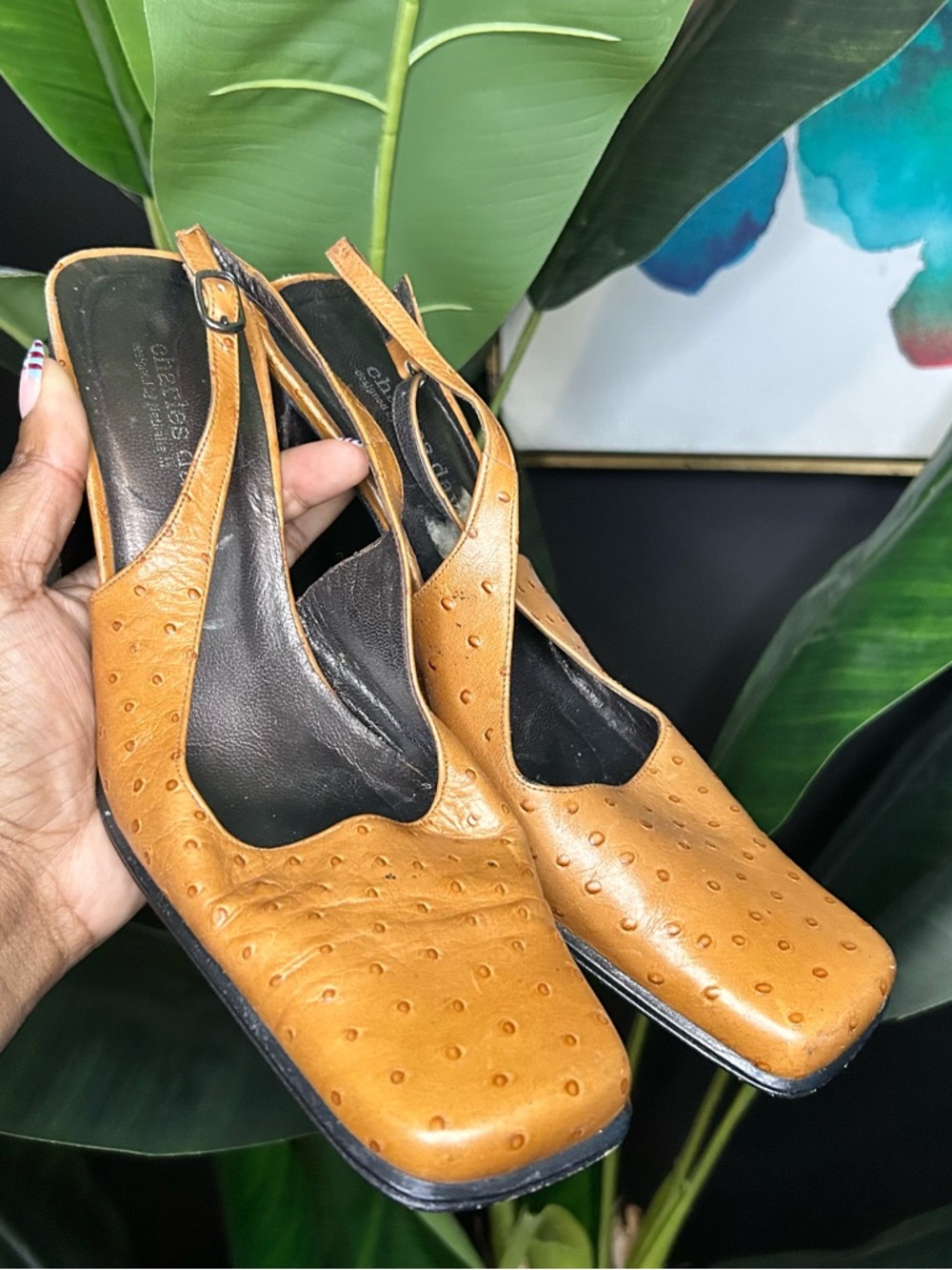 Charles David Ostrich Slingback Leather Pumps with Block Heel